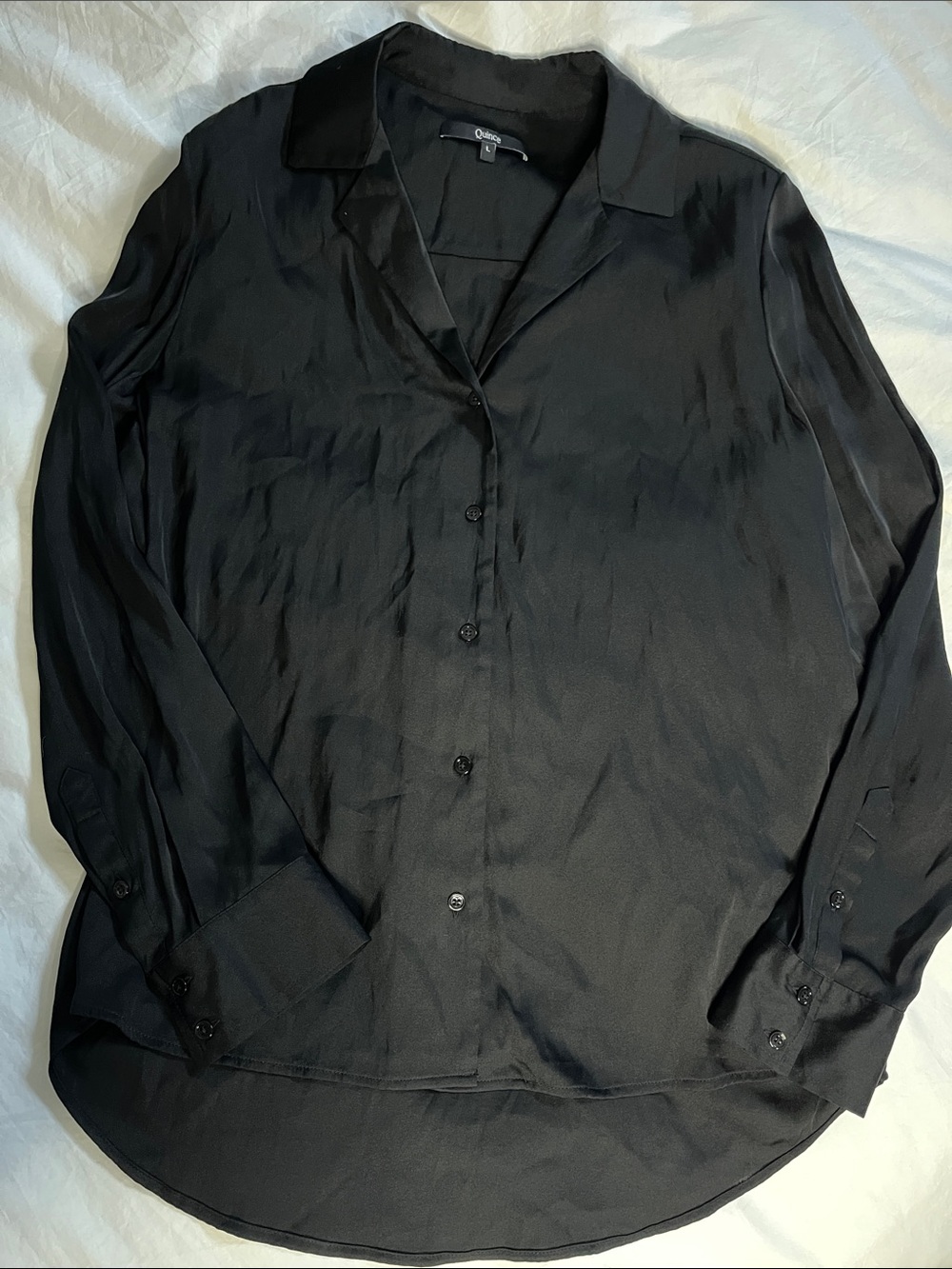Quince Black Washable Stretch Silk Notch Collar Blouse size Large staple piece - Picture 3 of 8